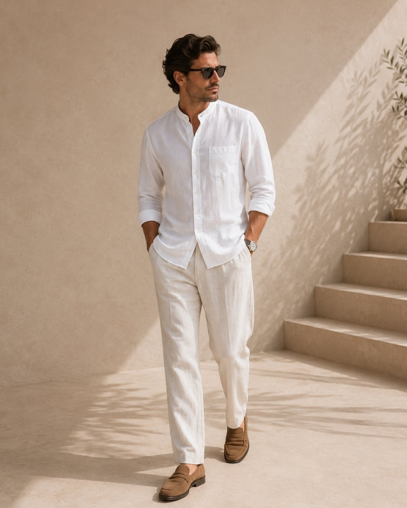 Camisa Masculina de Algodão Texturizado com Gola Mandarim