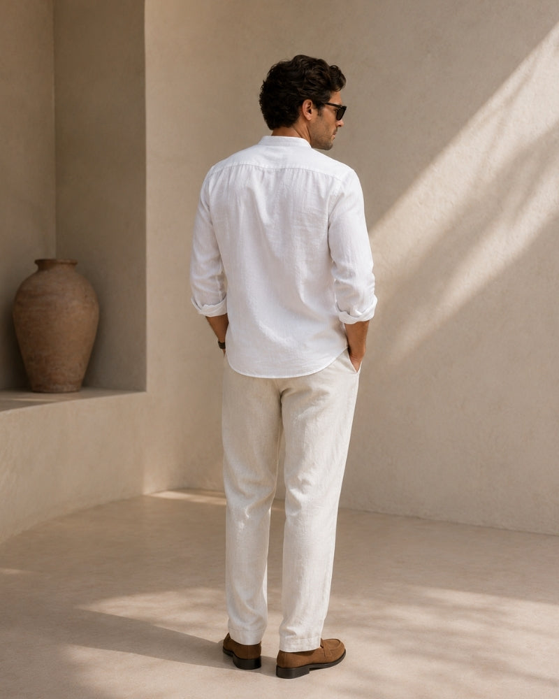 Camisa Masculina de Algodão Texturizado com Gola Mandarim